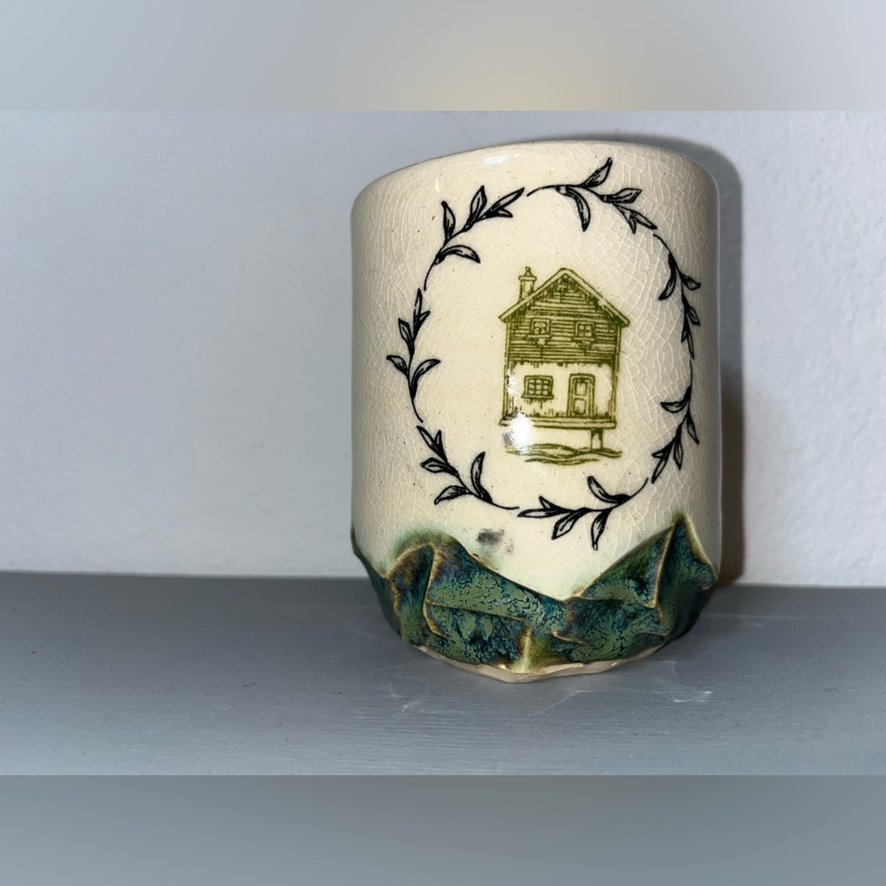 Handmade Studio Pottery Mug Folk Art House Signed Crackle Glaze Spiky Base
